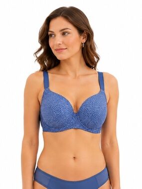 Déesse Collection Blue Polka Dot T-Shirt Bra 40D Underwire Lace Sides